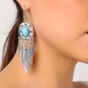 Blue Turquoise Dream Catcher Feather Earrings NEW